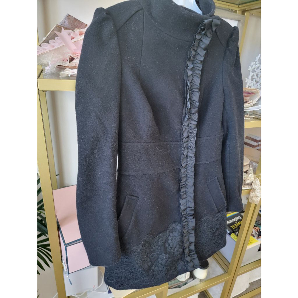bebe Black Ruffle-Trim Wool Blend Coat